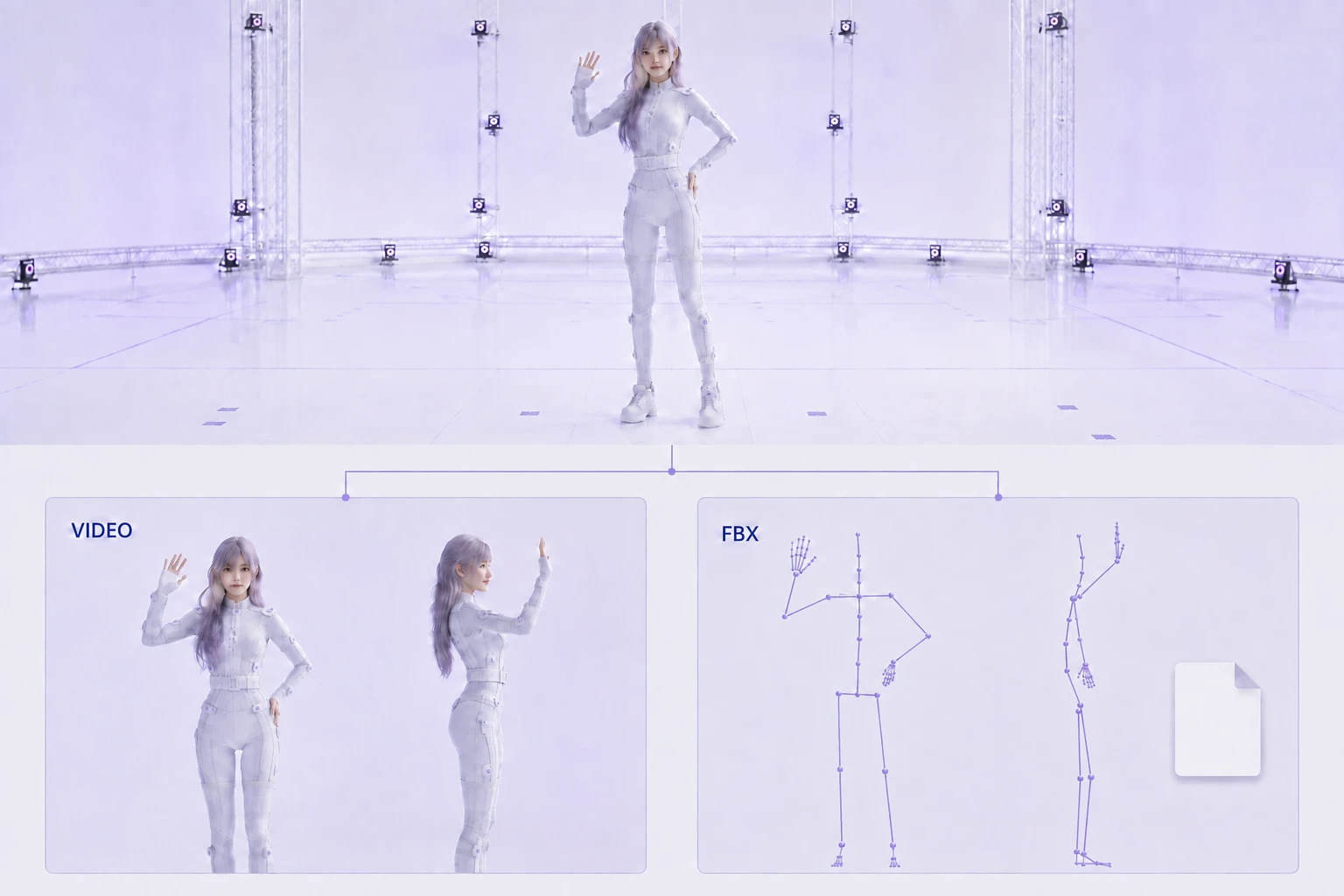 An explanatory diagram linking a fictional person’s wave to reference video and FBX motion data.