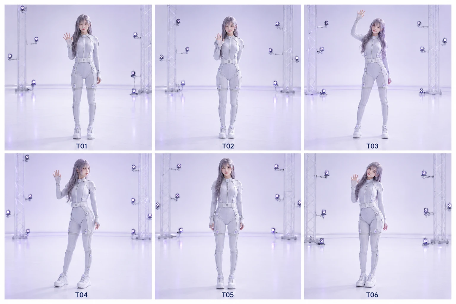 Six explanatory views of a fictional person showing a natural wave, a small wave, a large wave, gaze, waiting and a head tilt.