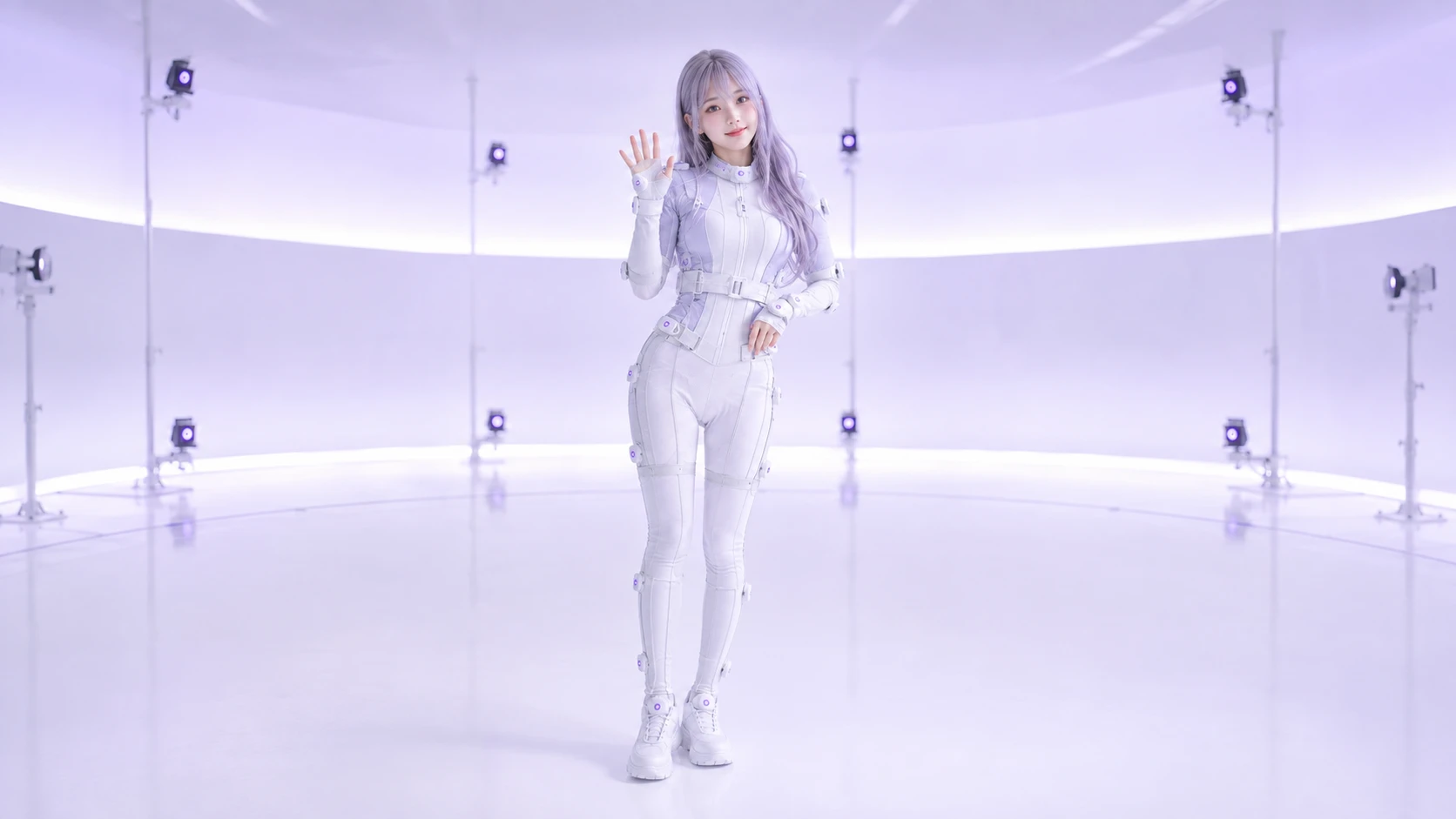 An explanatory illustration of a fictional person waving in a fictional motion-capture studio.